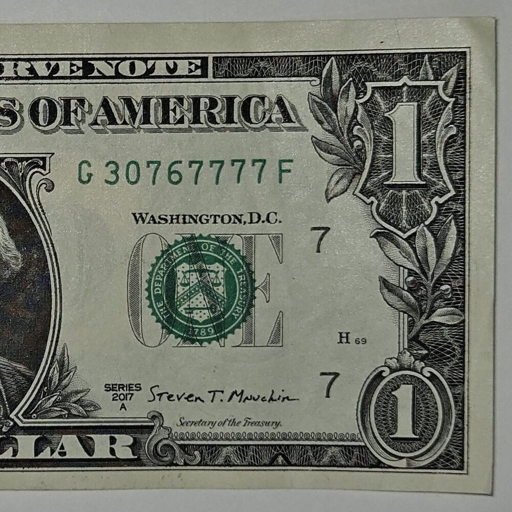 Quad Note + 5 of a Kind $1 Dollar Bill 30767777 Fancy Serial Number (B252)